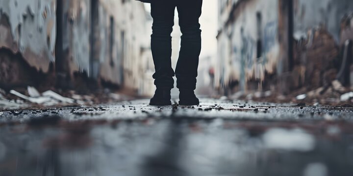 A person contemplates Nietzsches nihilism in a decaying urban setting. Concept Existentialism, Nihilism, Urban Decay, Philosophy, Contemplation