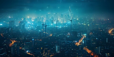 Obraz premium Nighttime city skyline with wind turbines and digital network symbolizing smart connectivity. Concept Nighttime Photography, City Skyline, Wind Turbines, Digital Network, Smart Connectivity