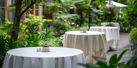 Intimate micro wedding venue in lush garden with white linen tables. Concept Garden Venue, Intimate Wedding, Micro Wedding, Lush Greenery, Table Settings