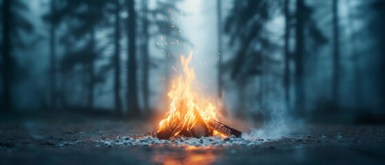 Warm campfire burning brightly in the misty forest, creating a cozy atmosphere amid the tall trees on a cool, foggy evening.