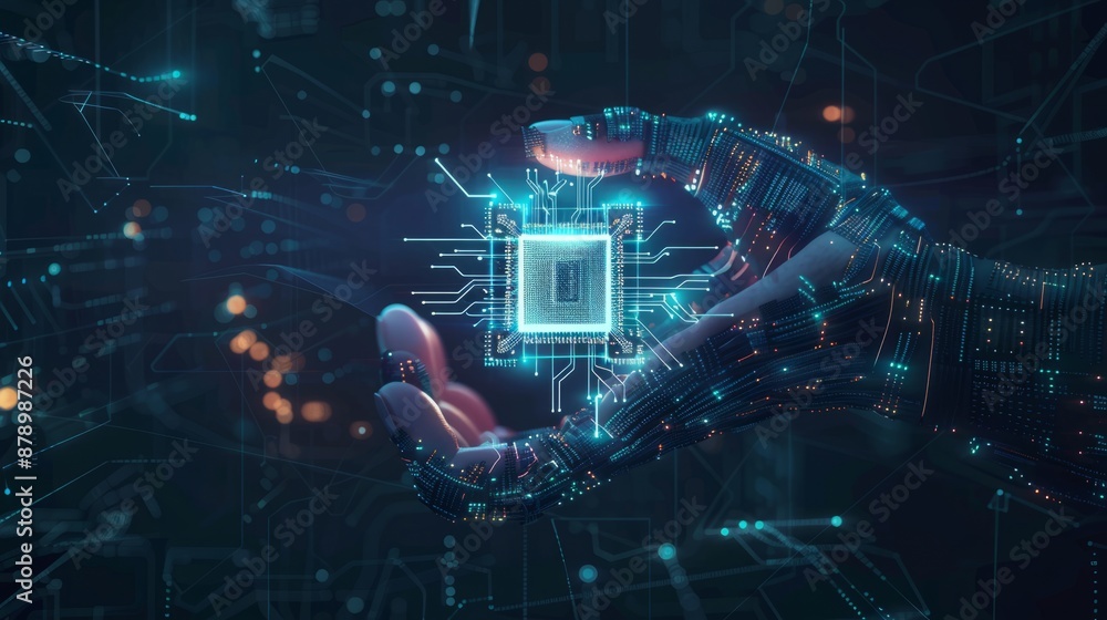 Aufkleber abstract digital semiconductor hologram in technology hand. humanoid hand holding computer chip. ai 