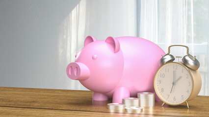 The piggy bank and clock for earn and saving concept 3d rendering.