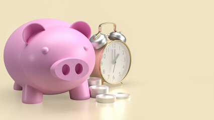 The piggy bank and clock for earn and saving concept 3d rendering.