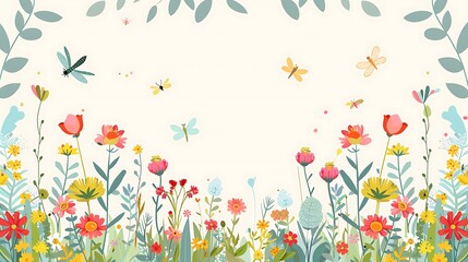 Background frame with blooming meadow flowers and dragonflies, flat style. Generative Ai