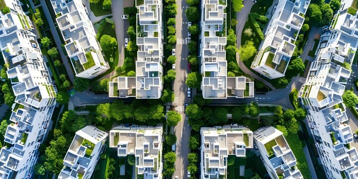 Aerial view of sustainable planned city with residential buildings roads and greenery. Concept City Planning, Sustainable Development, Green Infrastructure, Urban Design, Aerial Photography