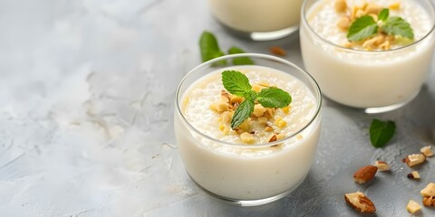Delectable Ramadan Dessert Vermicelli Milk Pudding with Nuts and Dried Fruits. Concept Ramadan Dessert, Vermicelli Milk Pudding, Nuts, Dried Fruits, Delectable