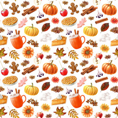 Autumn mood seamless pattern in warm colors. Hand drawn pumpkin, latte, tart, apple pie, fallen leaves and autumn flower elements on white background. Tasty Thanksgiving traditional treats isolated