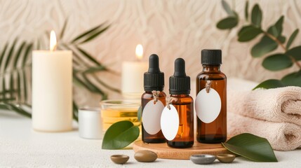 Set of essential oils with fragrance tags, artfully placed on a spa-like background, surrounded by candles and soothing elements