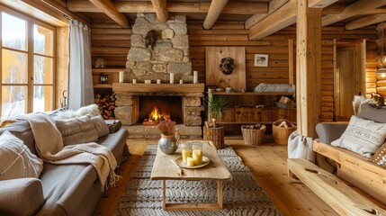 A rustic cabin-style living room with wooden beams, a stone fireplace, and cozy furniture, creating a warm home.