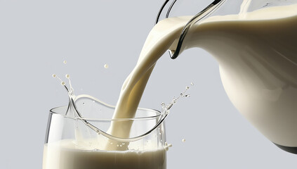milk being poured into a glass from a jug. The milk should cascade smoothly, forming a graceful arc as it flows from the jug's spout into the glass