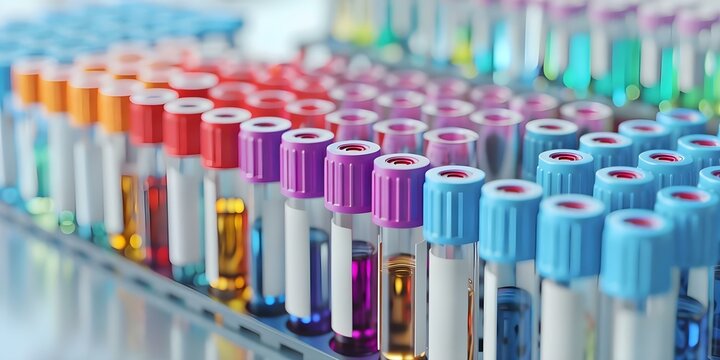 Many test tubes in a rack some with positive samples. Concept Chemical Testing, Laboratory Analysis, Positive Results, Test Tubes, Scientific Research