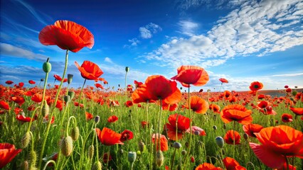 Field of vibrant poppies under a clear blue sky, poppies, field, red, flowers, nature, landscape, colorful, meadow, petals, bloom