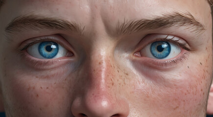 Fototapeta premium Detailed Portrait close-up of a young man with freckles and blue eyes looking straight dramatically 