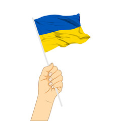 Vector illustration of Ukraine flag in hand on transparent background