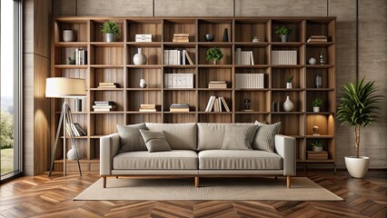 PSD with walls, a modern bookcase, and a comfortable couch , , walls, bookcase, couch, modern, interior, design