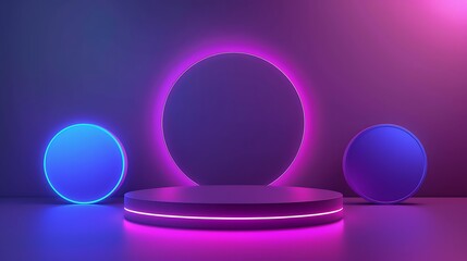 Obraz premium Product podium neon. purple and blue abstract geometric background. Scene for advertising, technology, showcase, game, business, metaverse. Sci-Fi 3d Illustration. Product display. Generative Ai