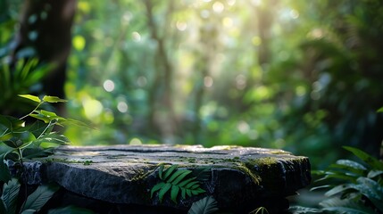 Stone tabletop podium floor in outdoors tropical garden forest blurred green leaf plant nature background.Natural product placement pedestal stand display,jungle paradise concept. Generative Ai