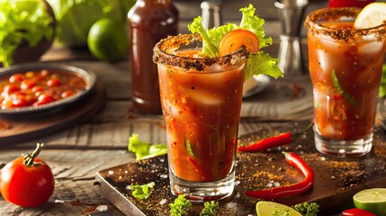 Double bloody mary cocktails with garnish and spices on a rustic table setting with fresh ingredients