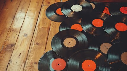 Collection of vintage vinyl records with colorful labels spread out on a wooden floor