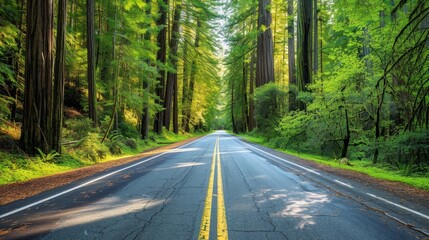 Obraz premium A scenic road through a national park, surrounded by towering redwoods and lush greenery, ideal for nature lovers.