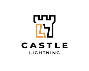 Castle lightning thunderbolt with initial letter L stylish line logo design template illustration inspiration