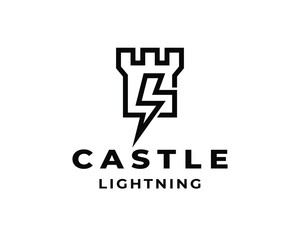Castle wall lightning thunderbolt stylish line guard fortress architect logo design template illustration inspiration