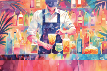 Colorful Watercolor Illustration of Bartender Preparing Cocktails in Vibrant Bar