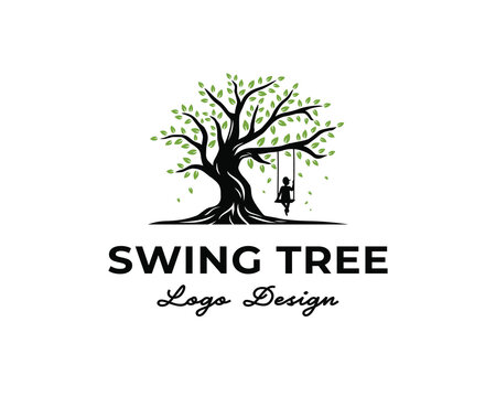 Kids sit down playing swing oak tree playground spring fall leaf logo design template illustration inspiration 