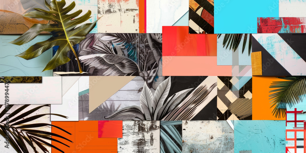 Poster colorful abstract collage with botanical elements and geometric patterns