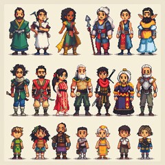 Diverse Group of Fantasy Characters in Pixel Art Style