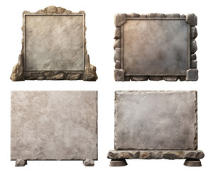 Set of square stone signboards isolated on transparent background