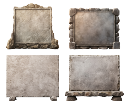 Set of square stone signboards isolated on transparent background