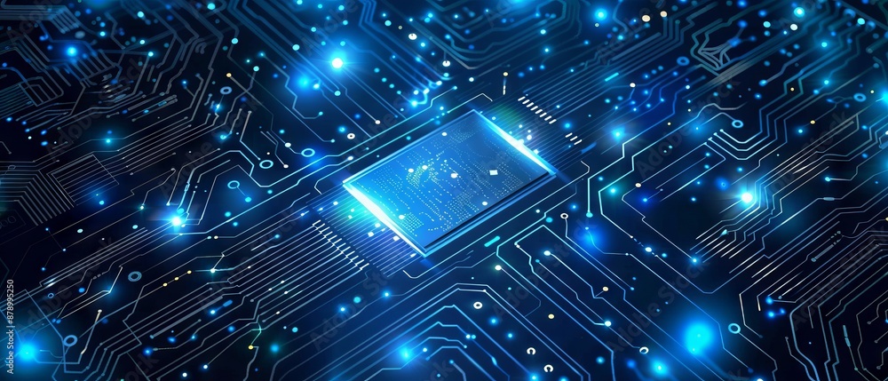 Poster abstract ai circuit board background. technology connected blue lines with electronics elements on t