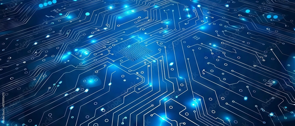 Poster abstract ai circuit board background. technology connected blue lines with electronics elements on t
