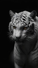 Generative AI, Regal Majesty: A White Tiger's Intense Gaze in Monochrome