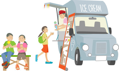 アイスクリームのキッチンカーで買い物をする子供達のイラスト