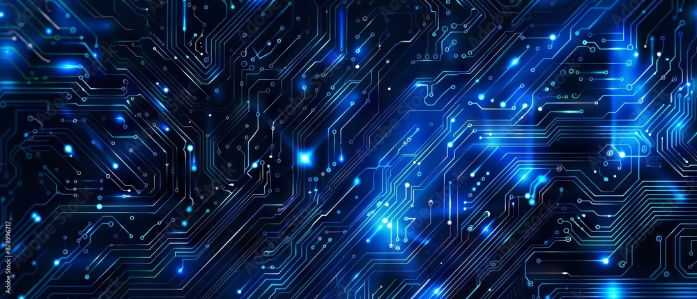 Poster abstract ai circuit board background. technology connected blue lines with electronics elements on t