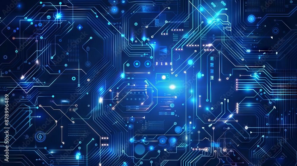 Poster abstract ai circuit board background. technology connected blue lines with electronics elements on t