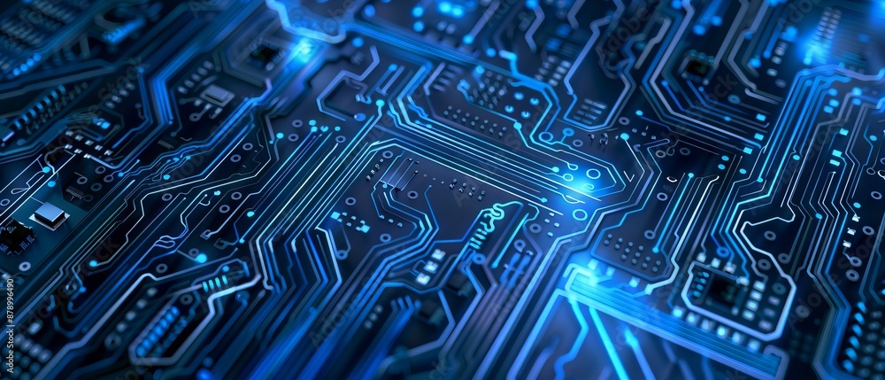 Poster abstract ai circuit board background. technology connected blue lines with electronics elements on t