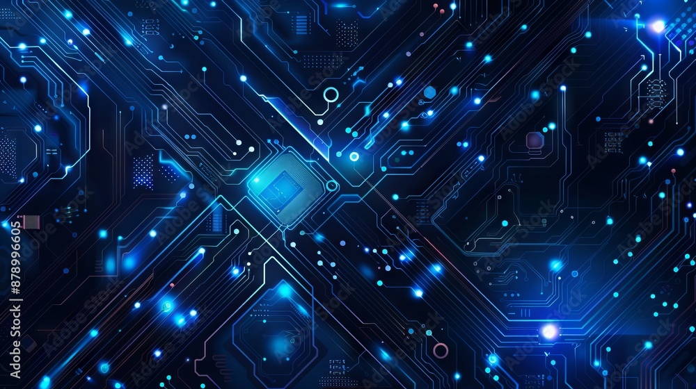 Poster abstract ai circuit board background. technology connected blue lines with electronics elements on t