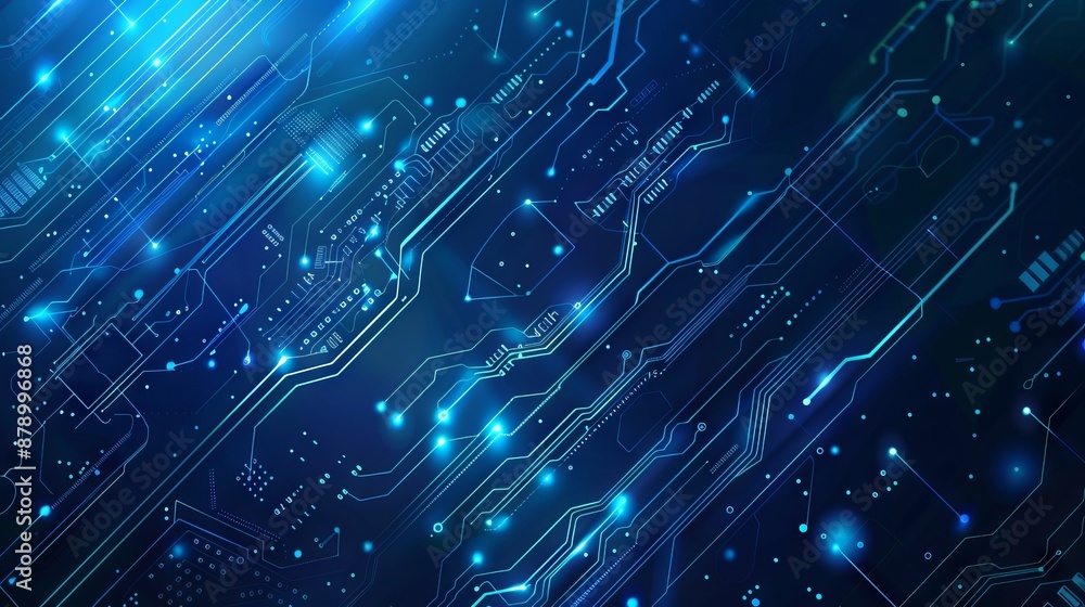 Poster abstract ai circuit board background. technology connected blue lines with electronics elements on t
