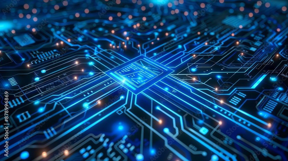 Poster abstract ai circuit board background. technology connected blue lines with electronics elements on t