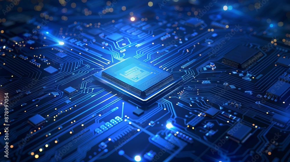 Poster abstract ai circuit board background. technology connected blue lines with electronics elements on t