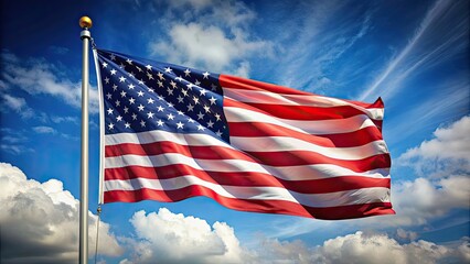 Obraz premium Flag Day celebration with American flag waving in the wind, patriotic, national holiday, stars and stripes, red white and blue