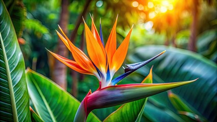 Exotic and vibrantly colored bird of paradise in tropical setting, tropical, nature, wildlife, exotic, vibrant, colorful