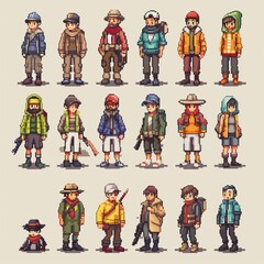 A diverse collection of pixelated characters in various outfits and accessories, perfect for video games or animations.