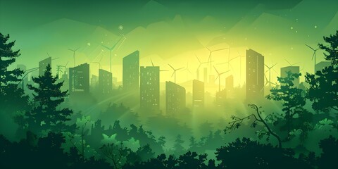 Green Cityscape with Wind Turbines and Forest Silhouette Vector Illustration. Concept Cityscape Design, Wind Turbines, Forest Silhouette, Green Energy, Vector Illustration