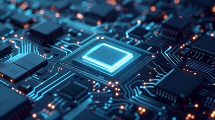 Obraz premium Glowing light blue neon AI chip with thin circuit contact lines. AI chip on technology background. Abstract digital tech background in monochrome blue. Semiconductor on a board. 