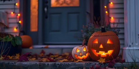 Obraz premium Front Porch Decorated with Jack-o'-lanterns. Concept Halloween Decor, Jack-o'-lanterns, Front Porch, Autumn Vibes, Spooky Setup