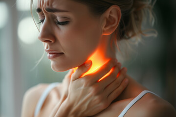 목 통증으로 힘들어하는 여성